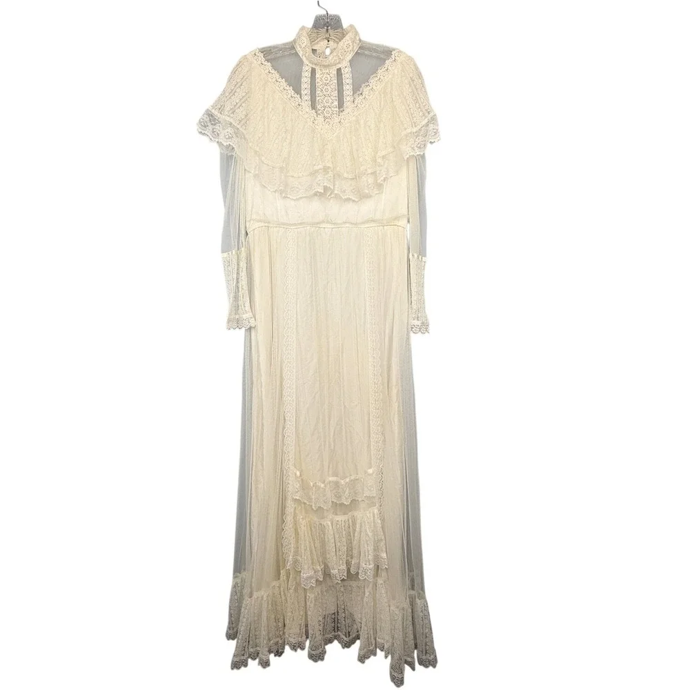 Gunne Sax by Jessica McClintock Vintage Lace Wedding Dress Ivory Maxi Boho 70s - Picture 1 of 16